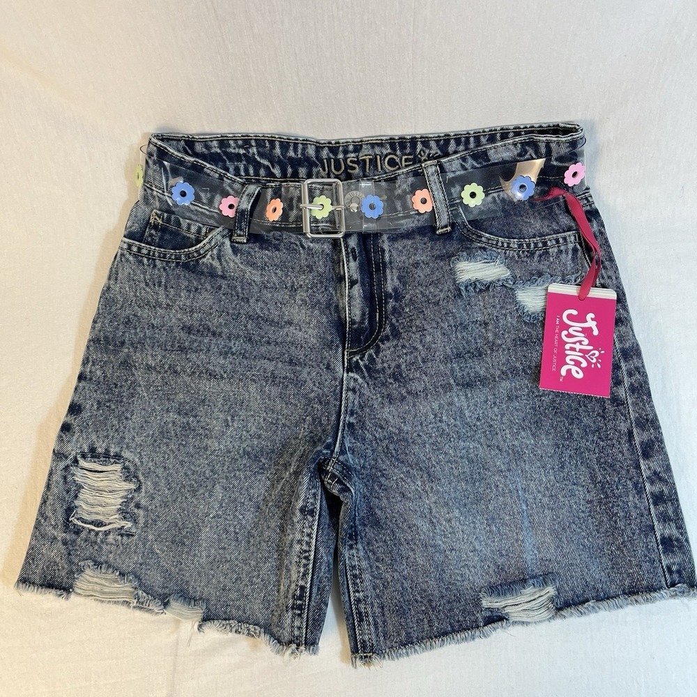 NWT Justice Girls Long Denim Shorts Colorful Belt Distressed Medium Wash Size 12